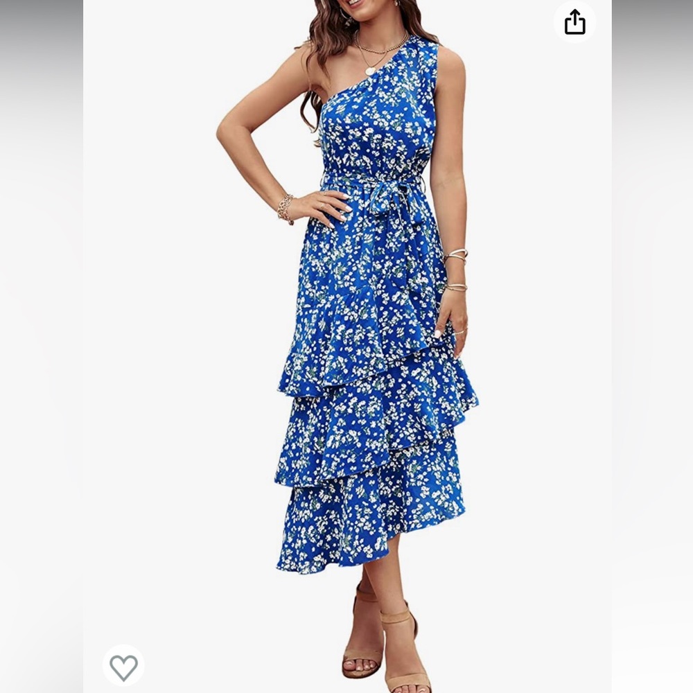 Summer Floral Blue One Shoulder Ruffle Sundress